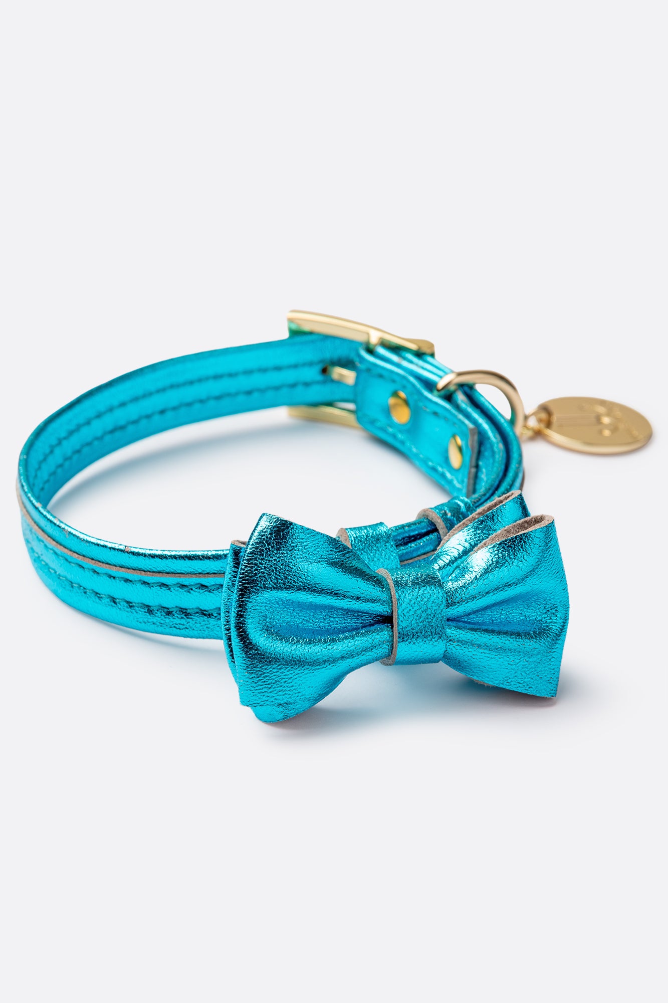 Dog Collar with a Bow ITALIAN Blue Leather HANDCRAFTED Gold finish Hardware