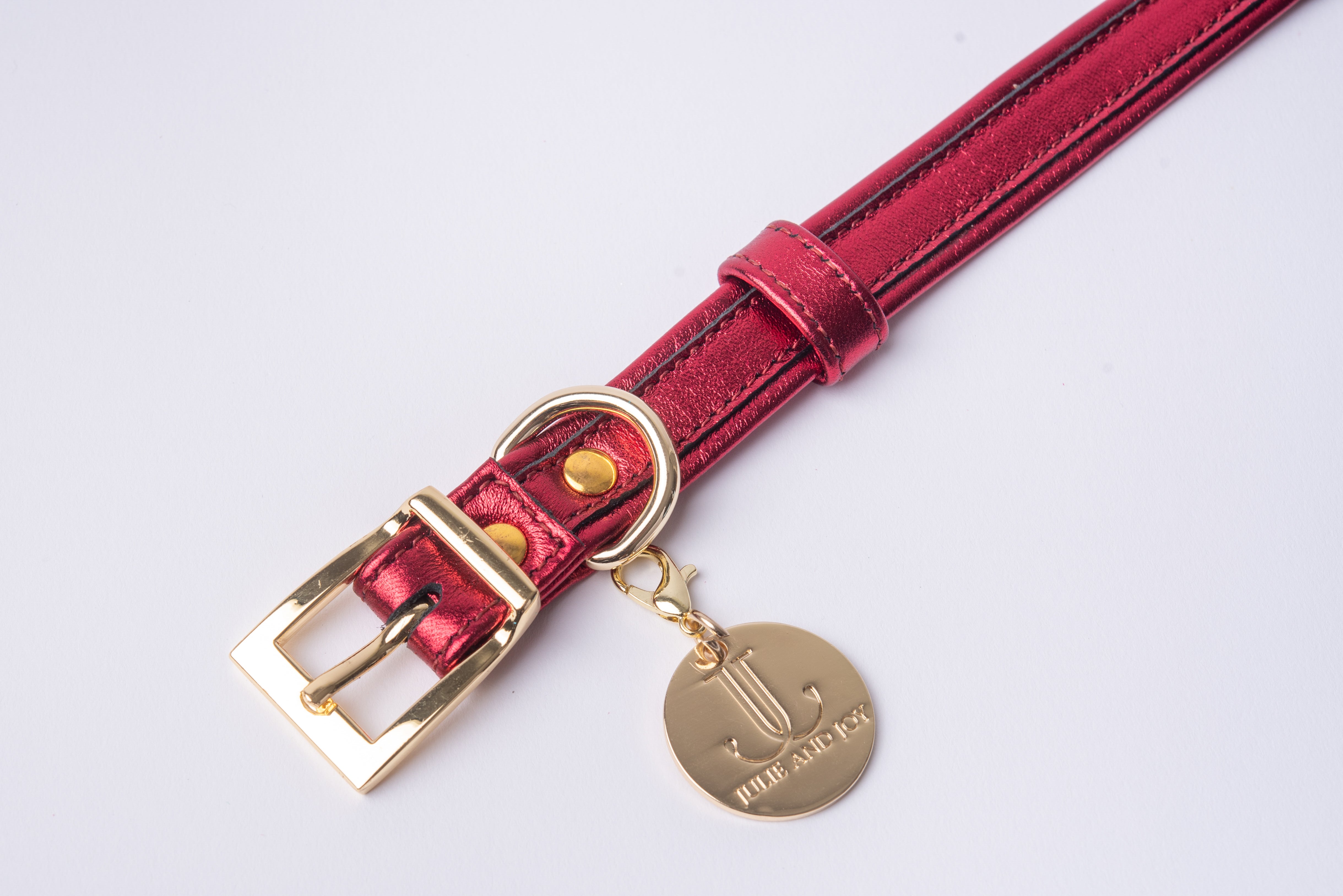 Red ITALIAN Leather Dog Collar Handcrafted Gold Hardware