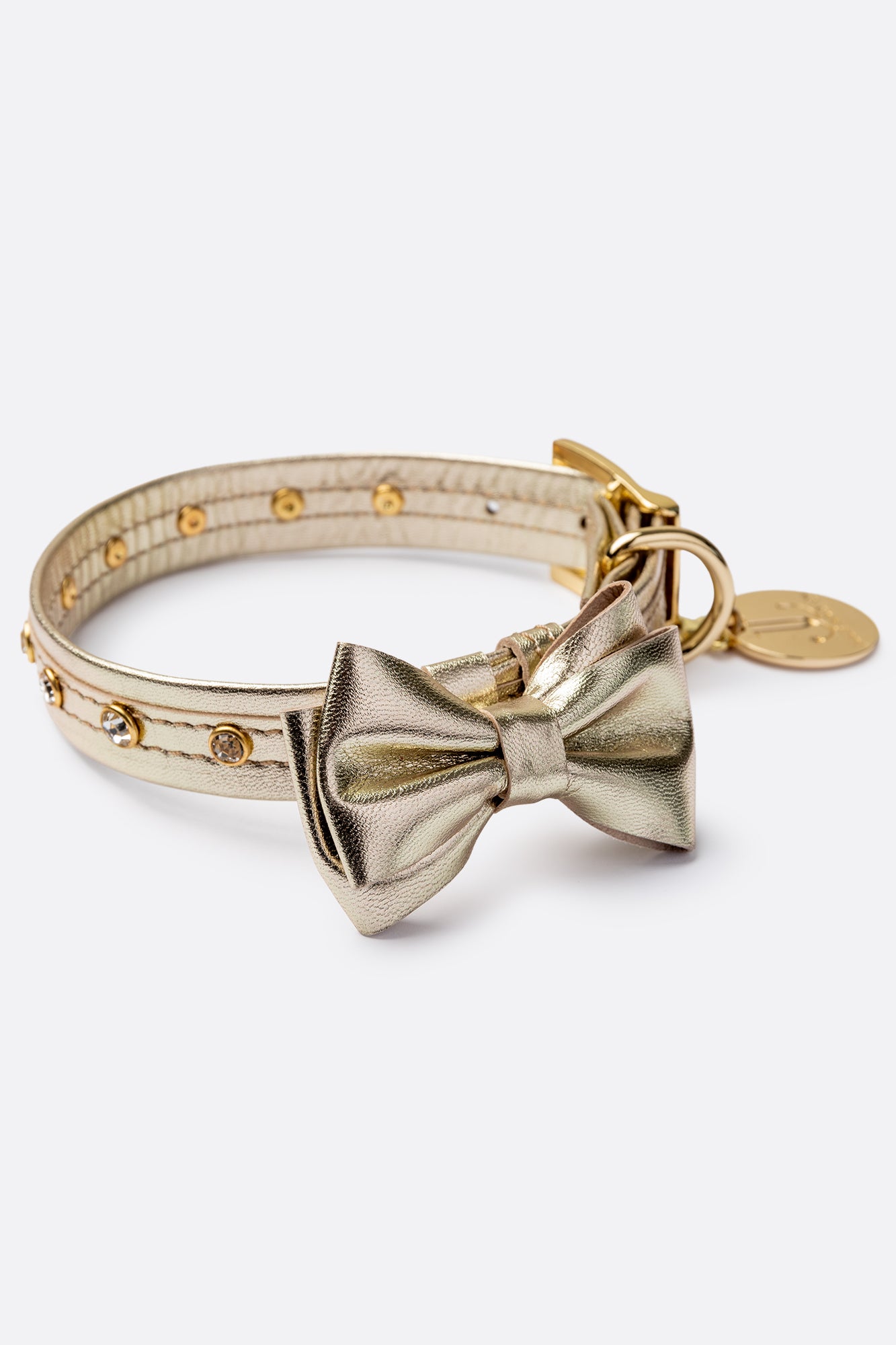 Dog Collar with a Bow ITALIAN Gold Leather HANDCRAFTED with crystals rivets Gold finish Hardware