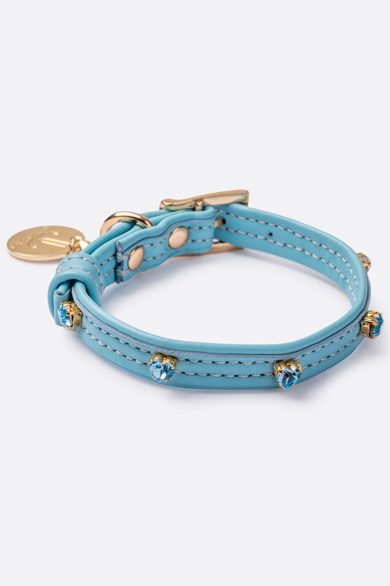 Dog Collar ITALIAN Blue Leather Perfect Gift For Dog Owners –Luxury Genuine Leather And Hearts crystals Gold Finish Hardware Collar