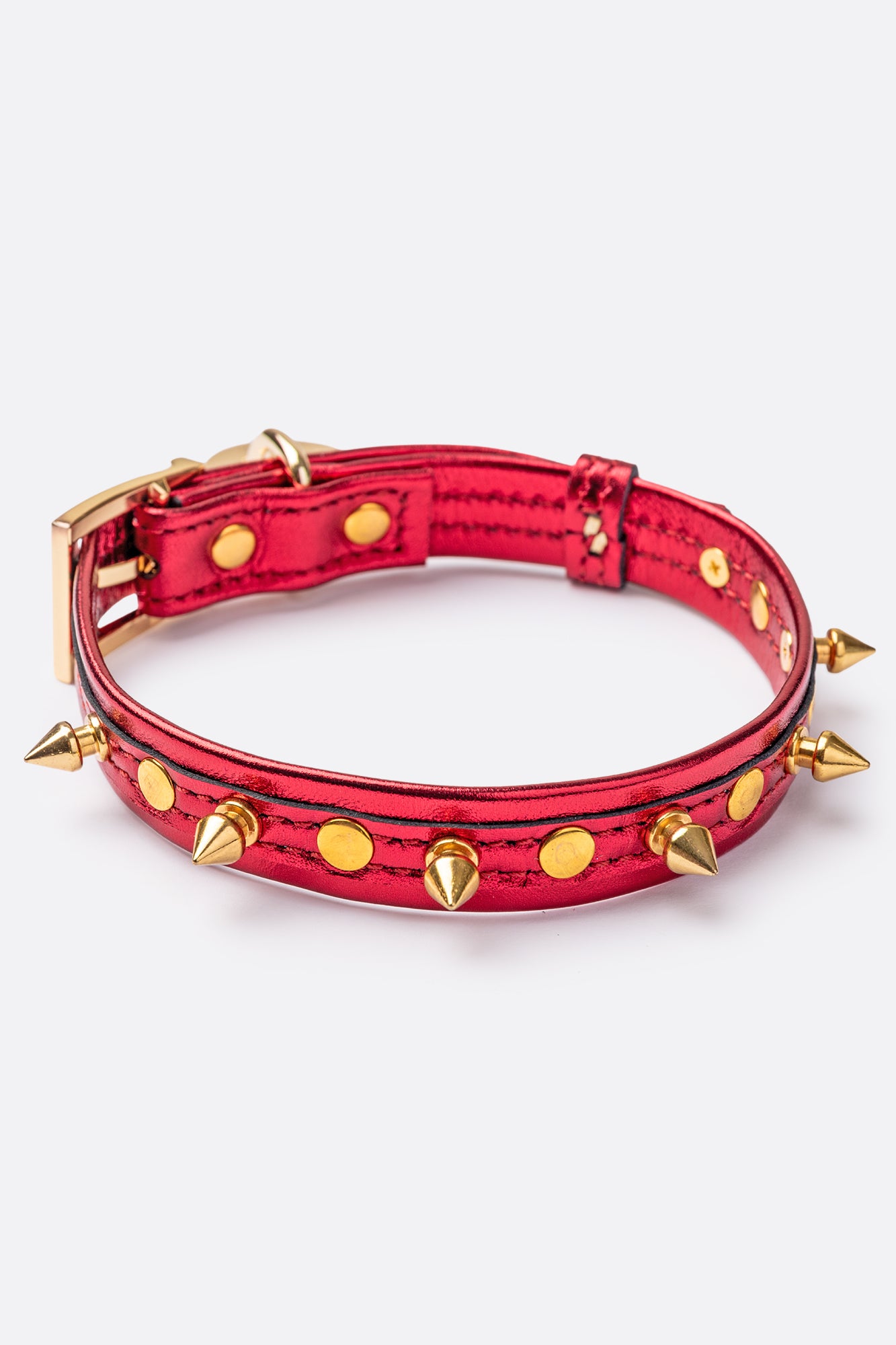 Red ITALIAN Genuine Leather Dog Collar Spiked Handcrafted Gold finish Hardware