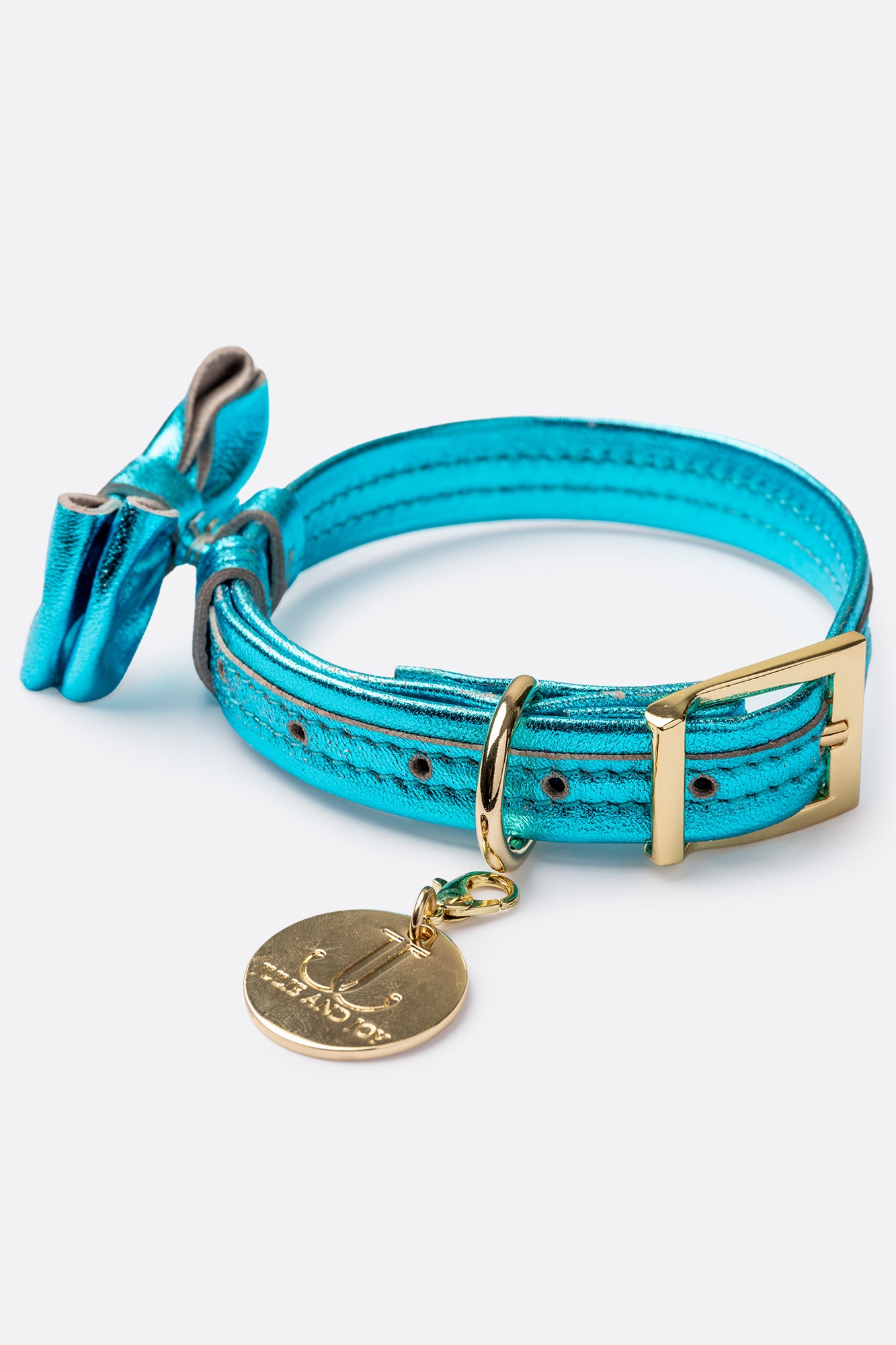 Dog Collar with a Bow ITALIAN Blue Leather HANDCRAFTED Gold finish Hardware