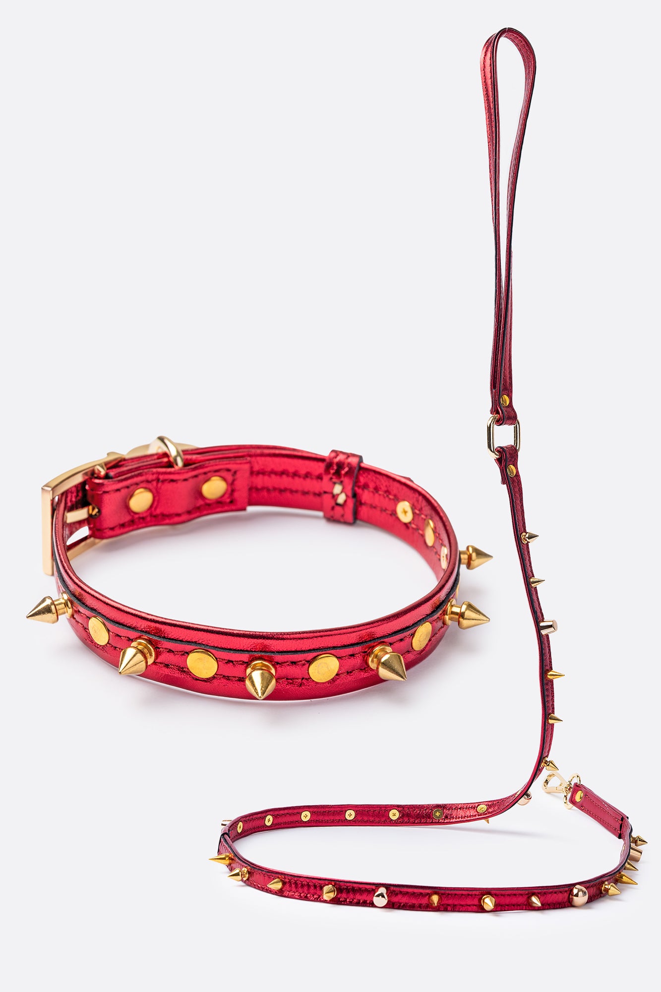 Dog Set Collar and Leash Red ITALIAN Genuine Leather Dog Collar Spiked Handcrafted Gold finish Hardware