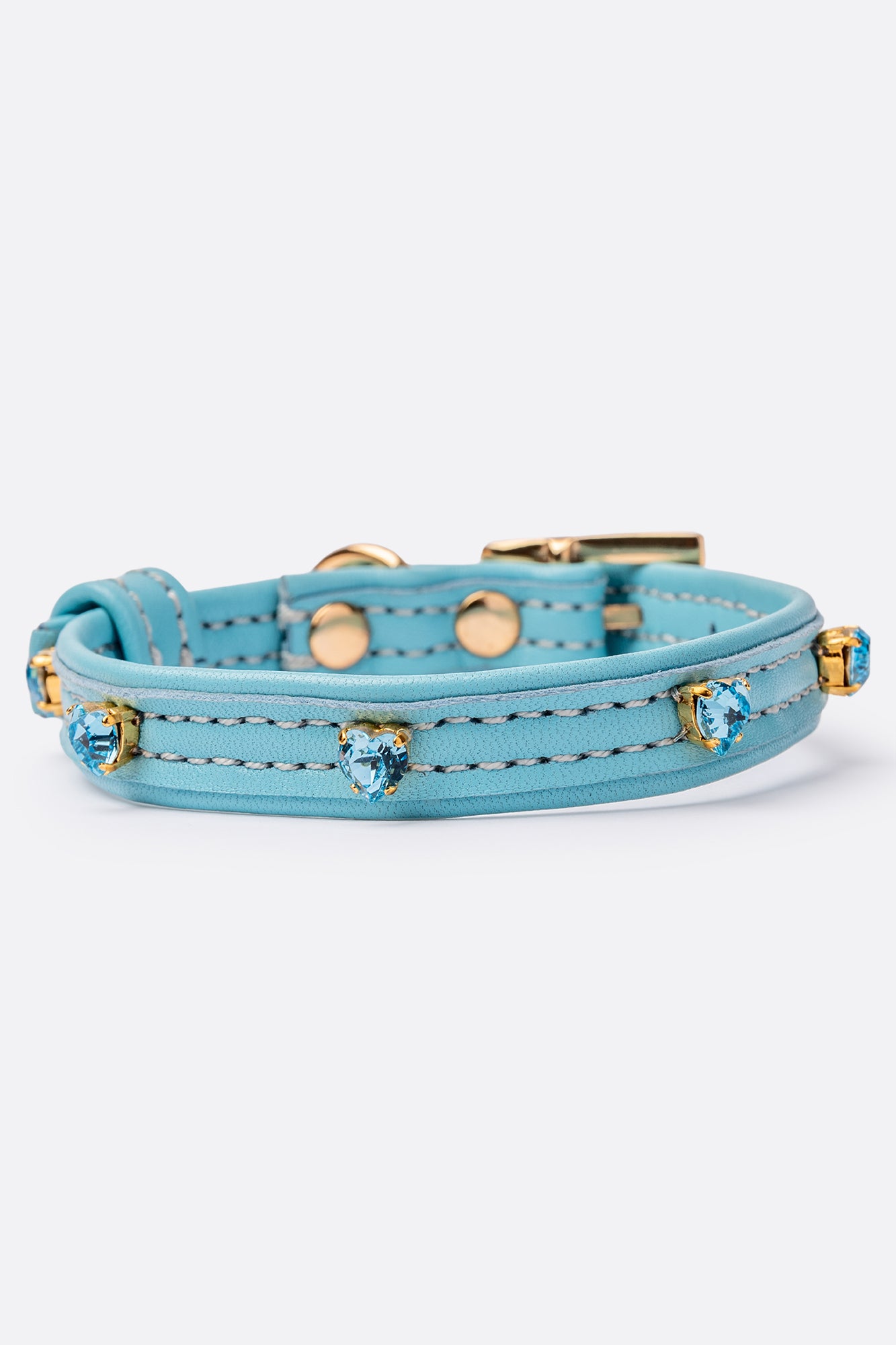 Dog Collar ITALIAN Blue Leather Perfect Gift For Dog Owners –Luxury Genuine Leather And Hearts crystals Gold Finish Hardware Collar